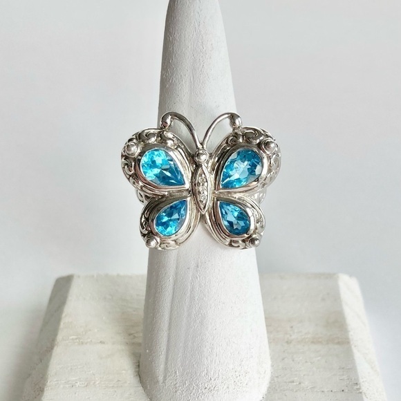 NEW Swiss Blue Topaz & Diamond Sterling Silver 925 Stamped Butterfly Ring Size 6 - Picture 3 of 12